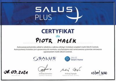 Certyfikat autoryzowanego instalatora automatyki i sterowania Salus Lublin