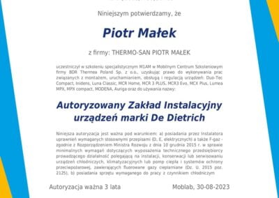 Świadectwo ze szkolenia - autoryzowany instalator De Dietrich Lublin