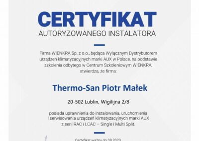 Certyfikat ze szkolenia - autoryzowany instalator klimatyzacji AUX Lublin