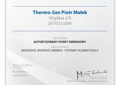 Certyfikat - autoryzowany instalator oraz serwis klimatyzacji Haier Lublin