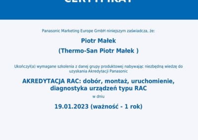 Certyfikat ze szkolenia - autoryzowany instalator oraz serwis klimatyzacji Panasonic Lublin