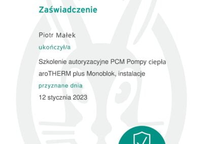 Zaświadczenie ze szkolenia - autoryzowany instalator pomp ciepła Vaillant aroTherm plus Monoblok Lublin