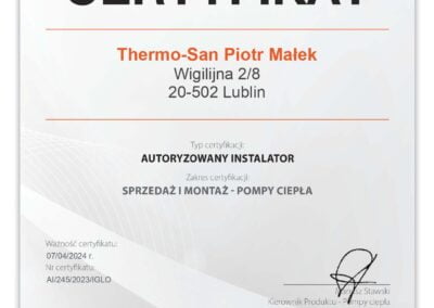 Certyfikat - autoryzowany instalator pomp ciepła NeoHeat Lublin