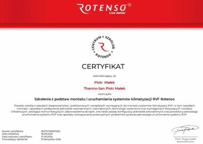 Certyfikat z odbycia szkolenia z montaż i uruchomienia systemów klimatyzacji RVF Rotenso Lublin