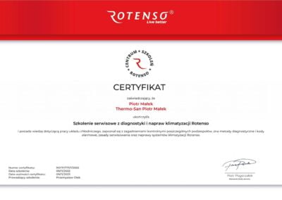 Certyfikat ze szkolenia - serwis klimatyzacji Rotenso Lubelskie