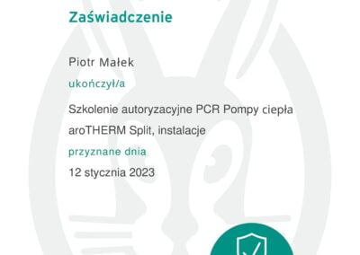 Zaświadczenie ze szkolenia - autoryzowany instalator pomp ciepła Vaillant aroTherm Split Lublin