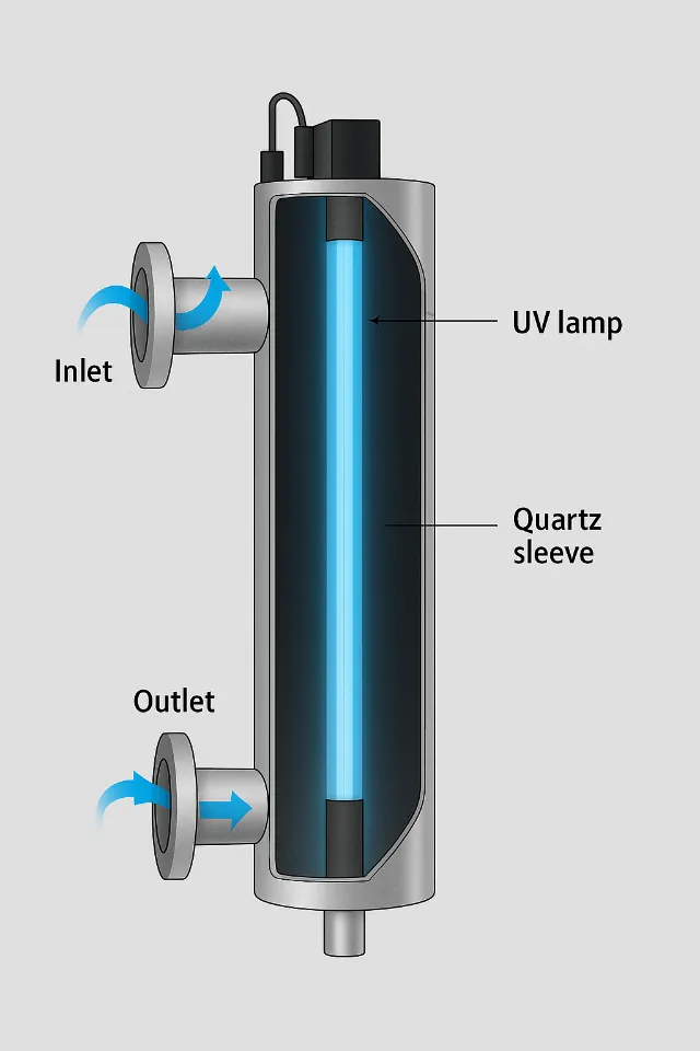 Schemat przekroju lampy UV do wody (sterylizatora do wody).