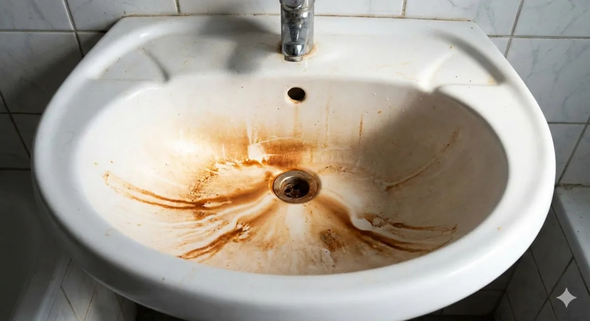 Rude, rdzawe zacieki na umywalce i przyborach sanitarnych.