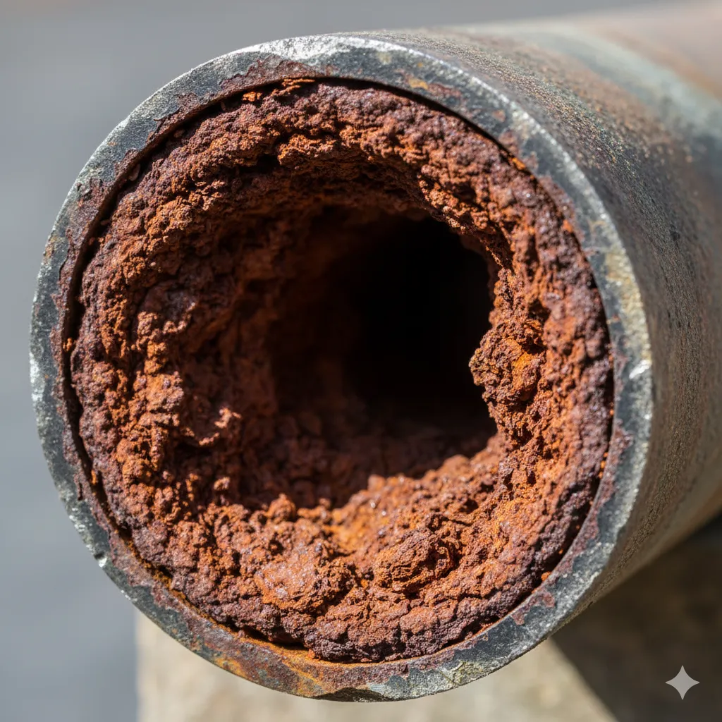 Skorodowana rura wodna - zarośnięta rdzawymi złogami, które ograniczają przepływ wody.