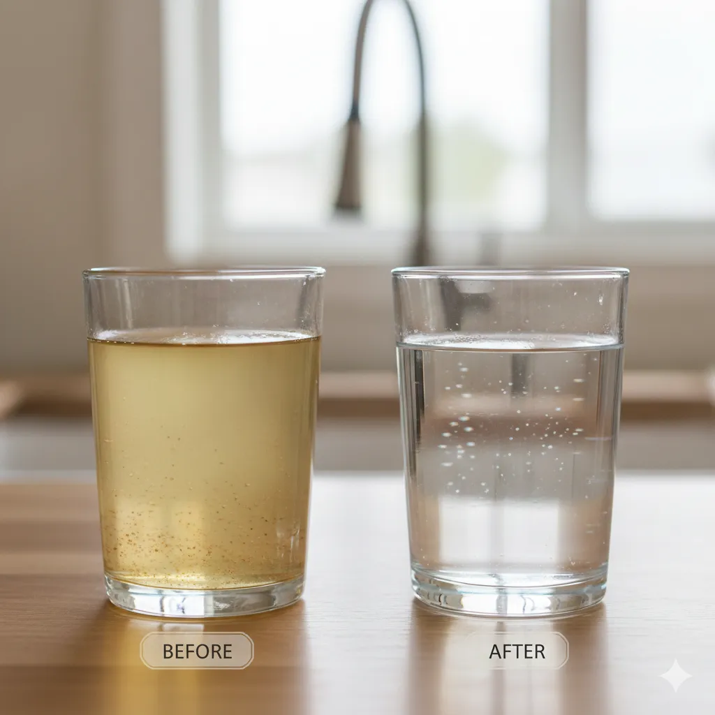 Woda ze studni z przekroczonym stężeniem żelaza oraz woda po odżelaziaczu.